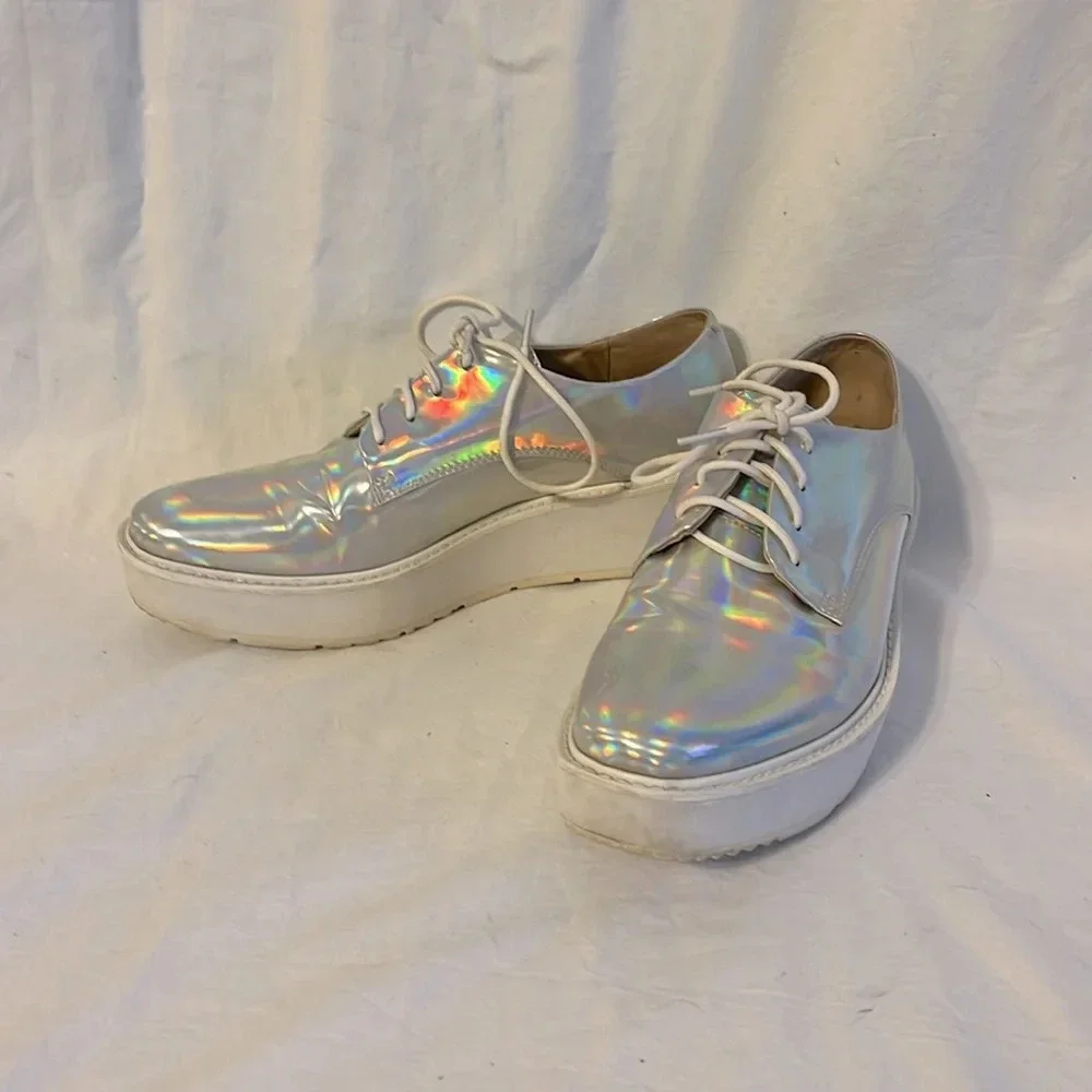 Prada Holographic Iridescent Platform Lace Up Logo Sole Shoe 37/7
